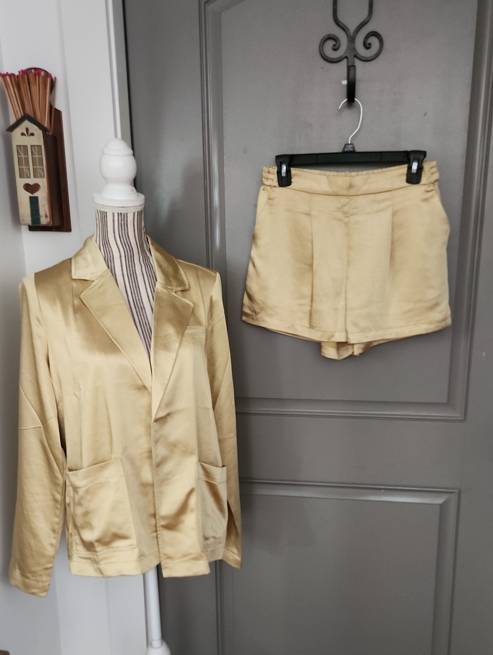 Mystree Satin Gold Women's Shorts Jacket Set